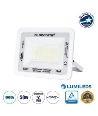 GLOBOSTAR® ATLAS 61419 Προβολέας LED 50W 6250lm 120° AC 220-240V Αδιάβροχο IP67 Ψυχρό Λευκό 6000K - Lumileds SMD Chip - TÜV Rheinland Certified - Λευκό Ματ - Μ21 x Π3.5 x Υ16cm - 5 Χρόνια Εγγύηση